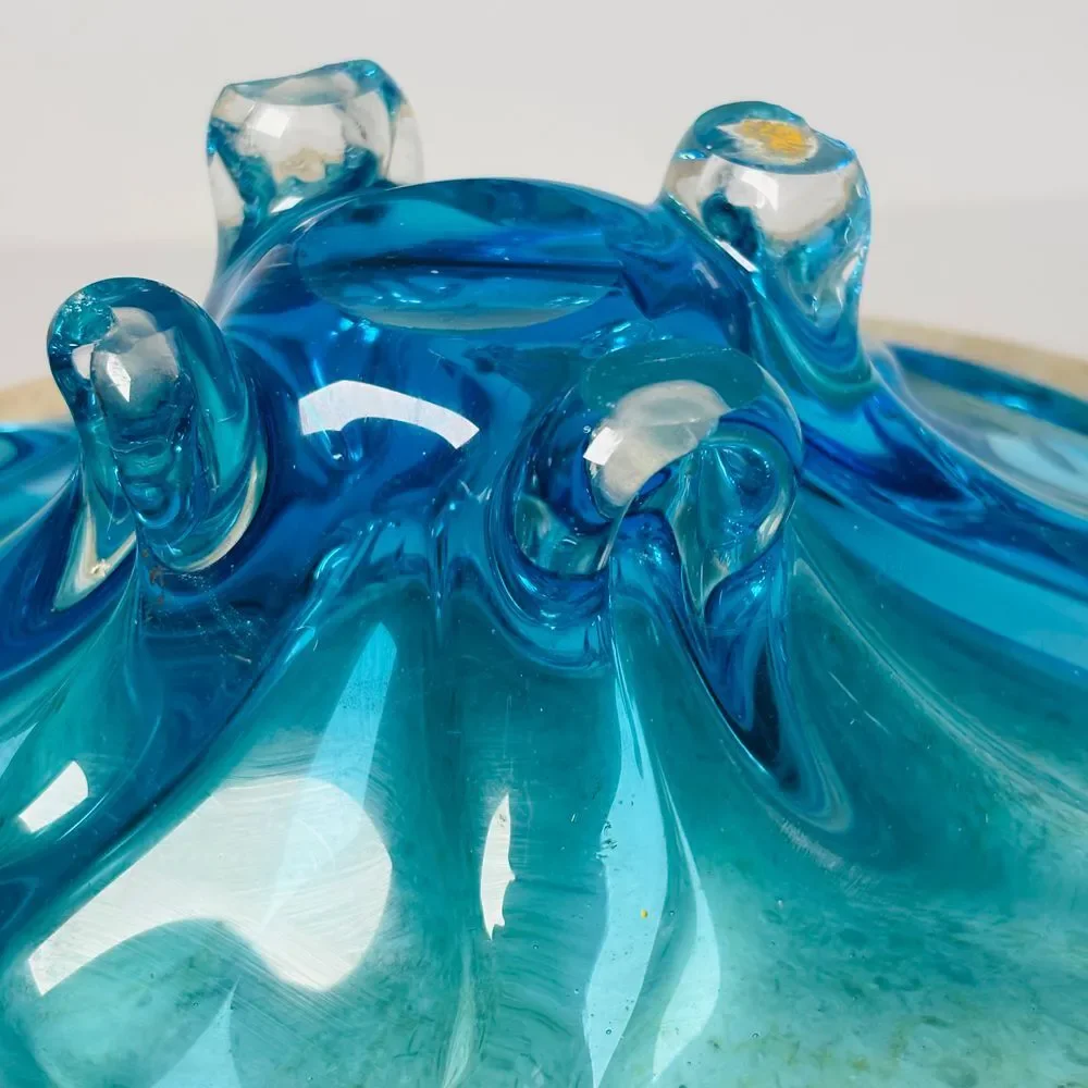 Vintage Murano Sommerso Blue Glass‎ Abstract Decorative Bowl MCM 60s 70s